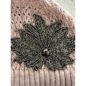 Pink Knit Beanie Hat with Dark Grey Beaded Flower Detail